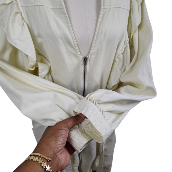 Free People Sz XL Imogene Cream Denim Mini Dress Ruffle Puff Sleeve Dolman - Picture 6 of 17